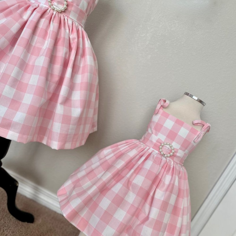 girls pink gingham dress with matching bow